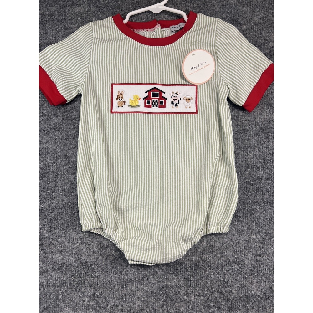 NWT Abby & Evie Farm Smocked Stripe Bubble Romper – Size 18M